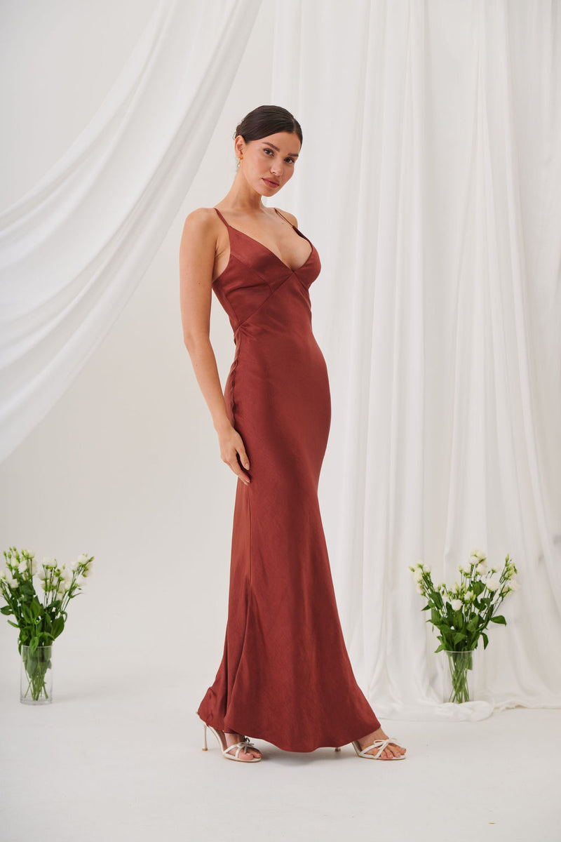 Ada V Neck Slip Maxi Dress -Rust
