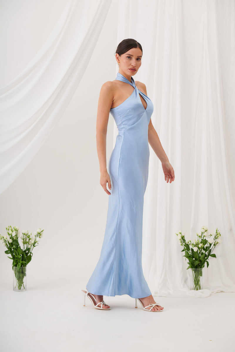Jessica Halter Neck Keyhole Satin Maxi Dress - Ice Blue Liena Jessica Halter Neck Keyhole Satin Maxi Dress - Ice Blue Liena