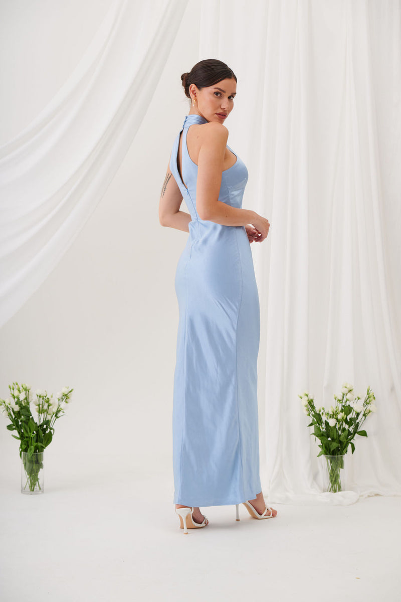 Jessica Halter Neck Keyhole Satin Maxi Dress - Ice Blue