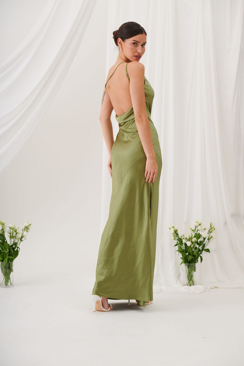 Monica One-Shoulder Satin Bridesmaid Gown - Olive Green Liena Monica One-Shoulder Satin Bridesmaid Gown - Olive Green Liena