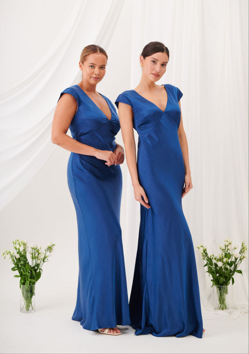 New Bianca Short Sleeve V Neck Maxi Dress -Navy