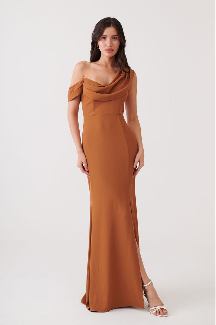 Cecelia Asymmetrical Cowl-neck Dress Rust