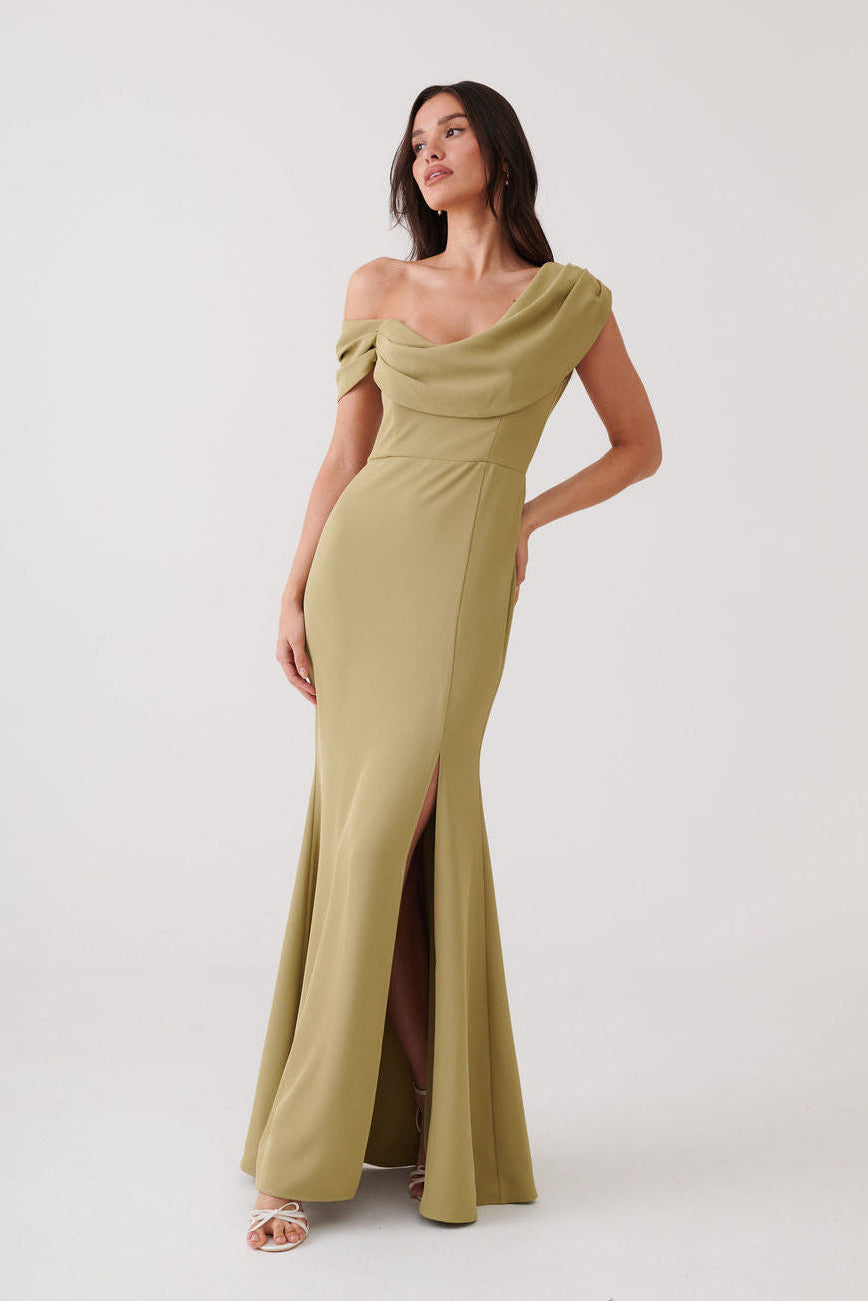 Cecelia Asymmetrical Cowl-neck Dress Olive