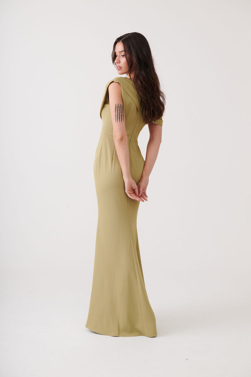 Cecelia Asymmetrical Cowl-neck Dress Olive