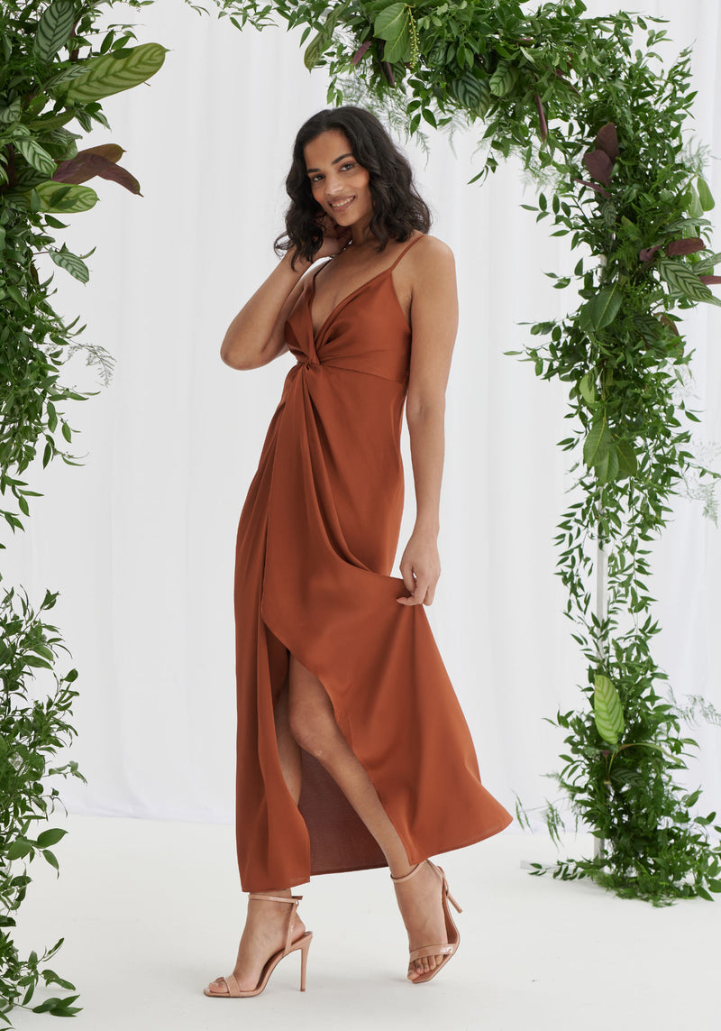 Janette Twist Front Satin Dress - Rust