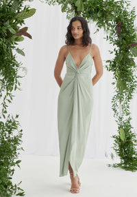 Janette Twist Front Satin Dress - Sage