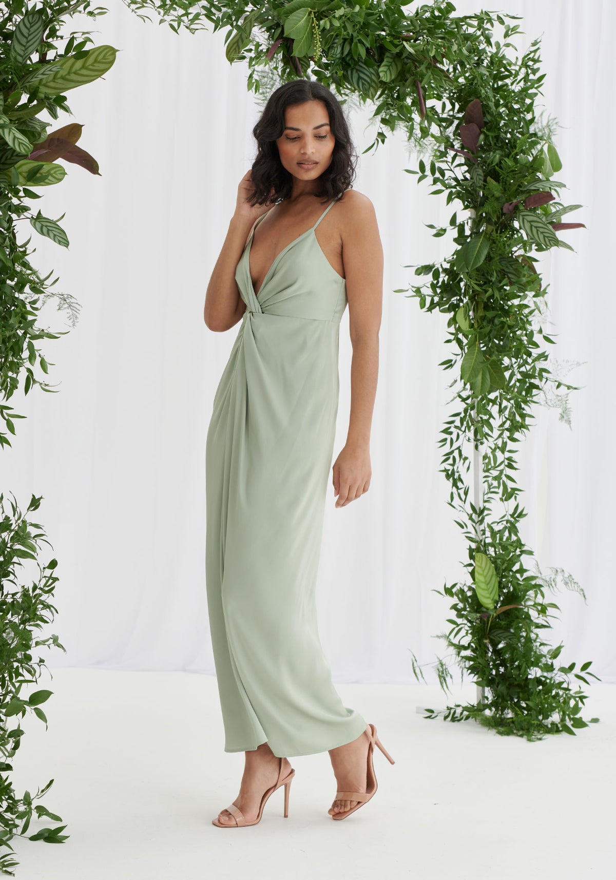 Janette Twist Front Satin Dress - Sage