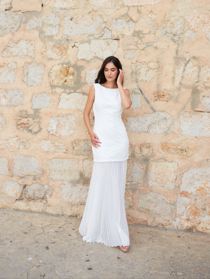 Sabina Lace Bodice Dress with Pleated Skirt White