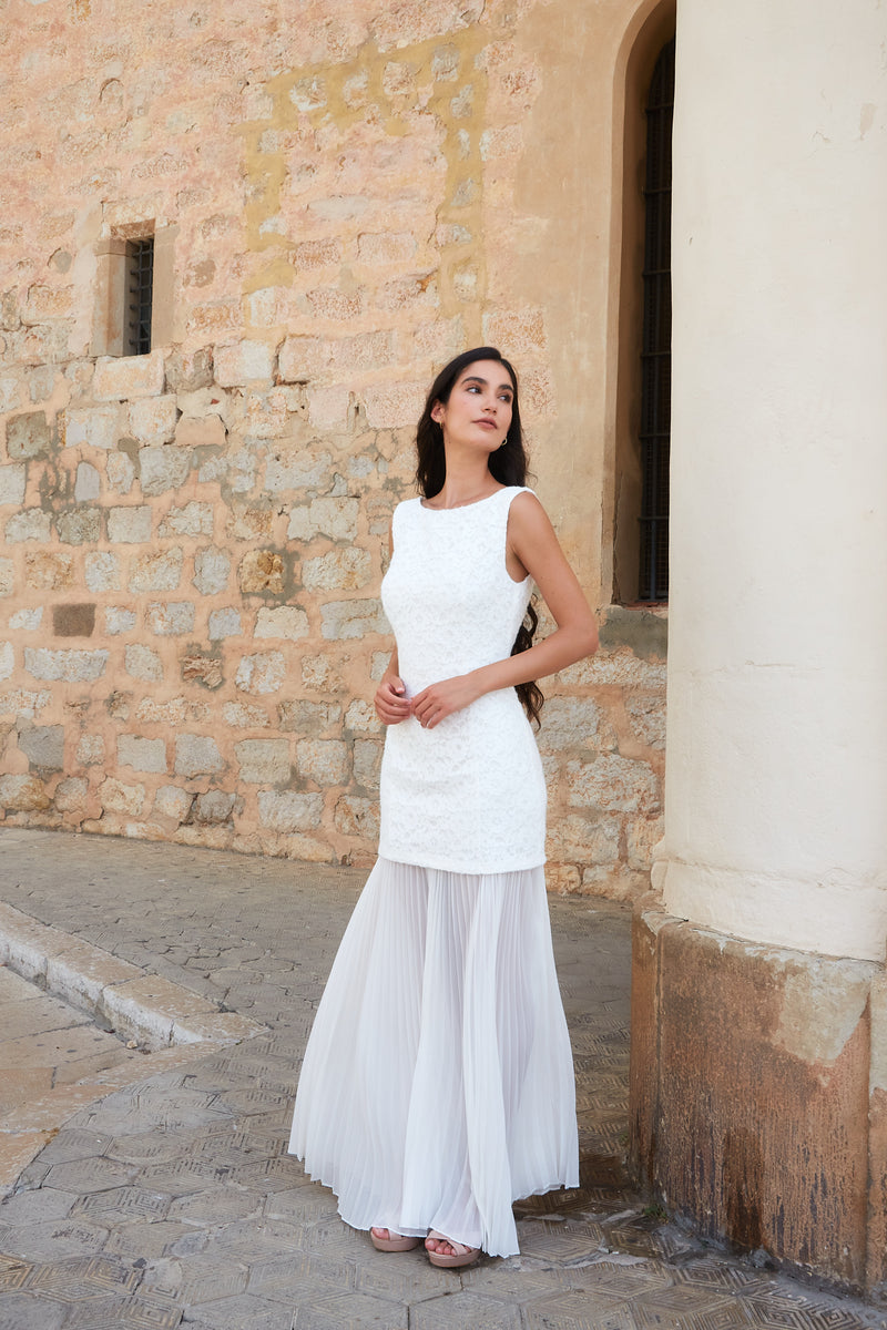 Sabina Lace Bodice Dress with Pleated Skirt White Sabina Lace Bodice Dress with Pleated Skirt White