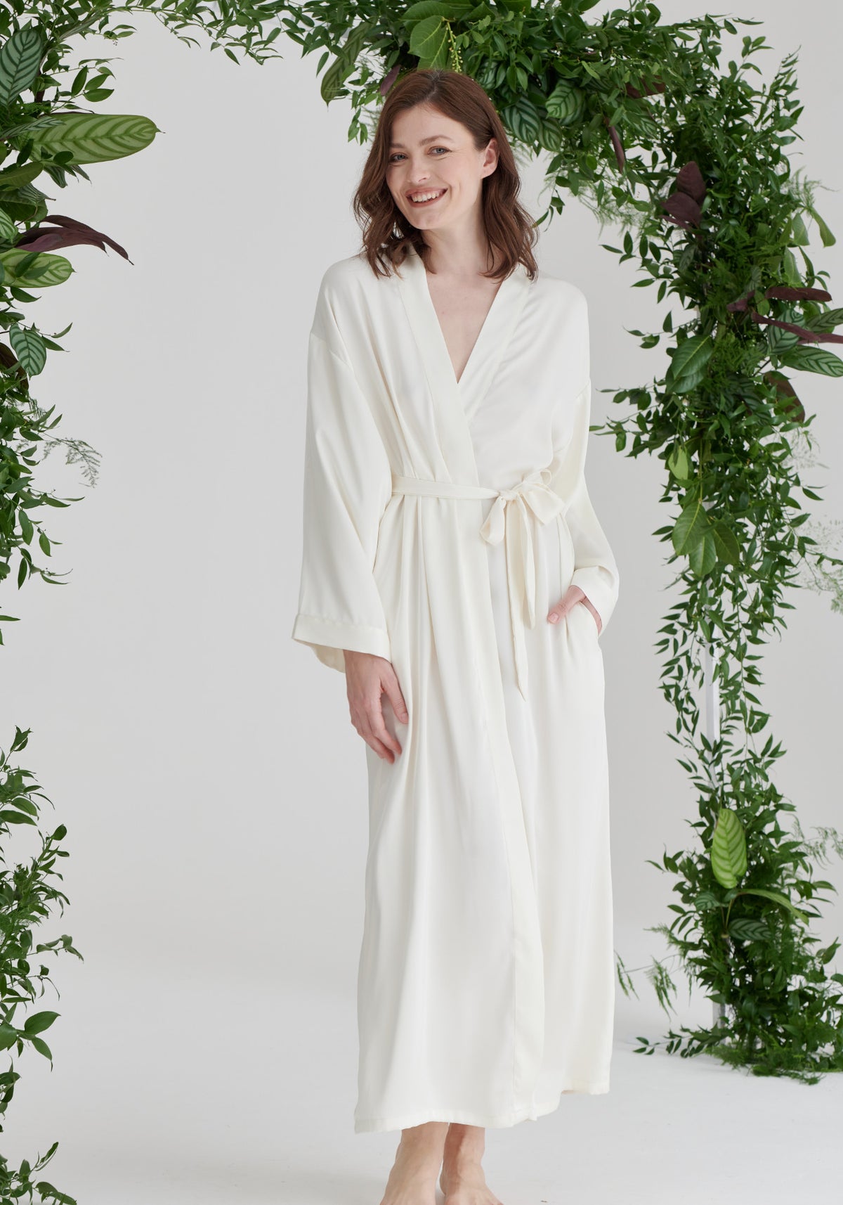 Long Bridal Satin Maxi Robe Ivory – Liena - Main Image