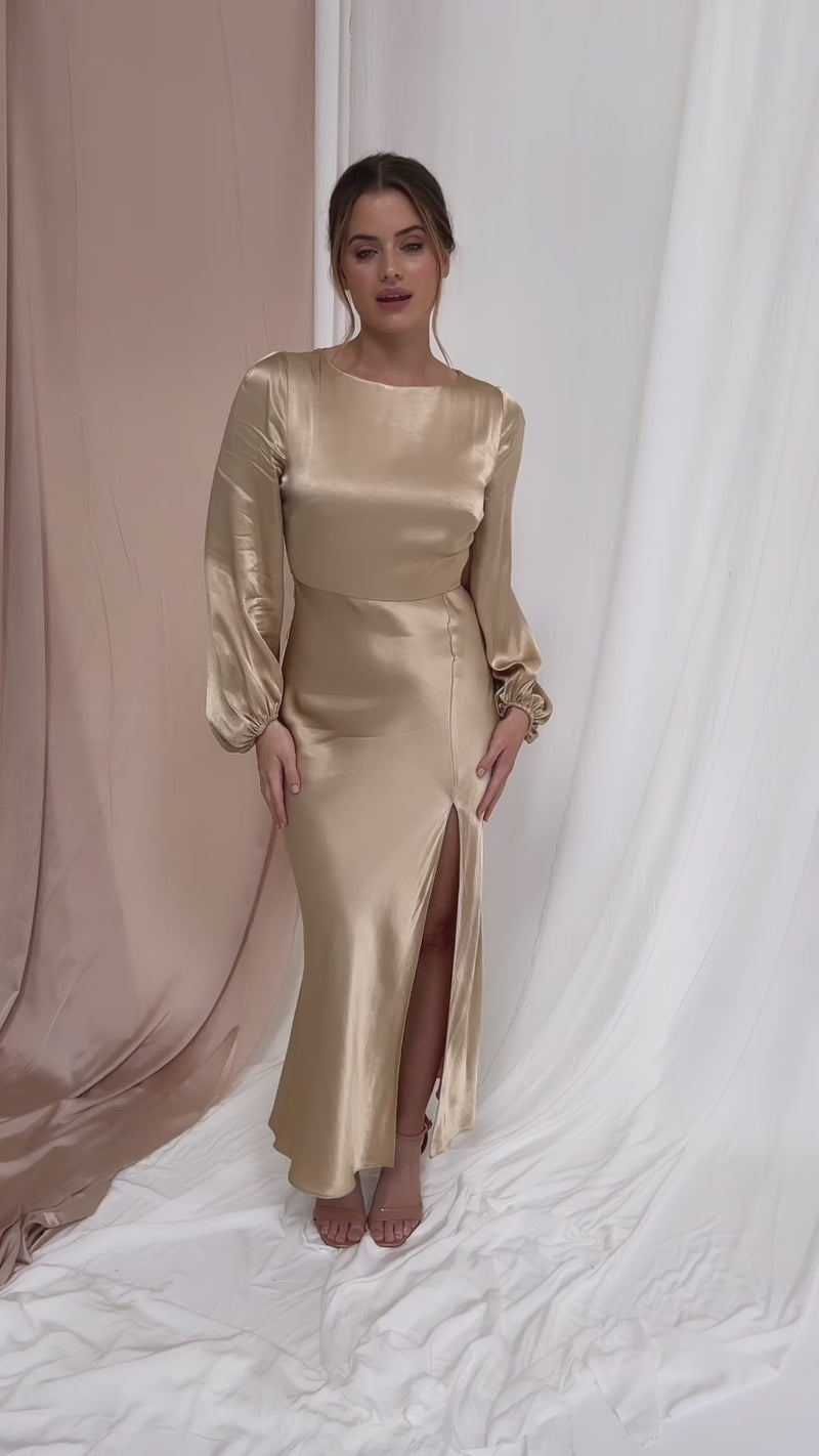 Sara Long Sleeve Split Satin Dress - Champagne