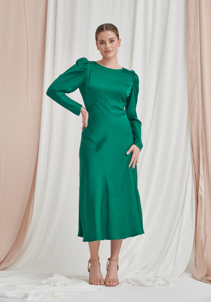 Blair Long Sleeve Satin Dress - Emerald