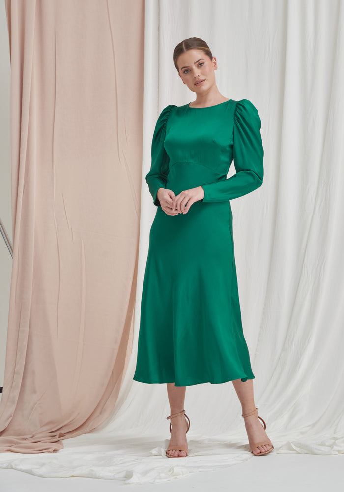 Blair Long Sleeve Satin Dress - Emerald