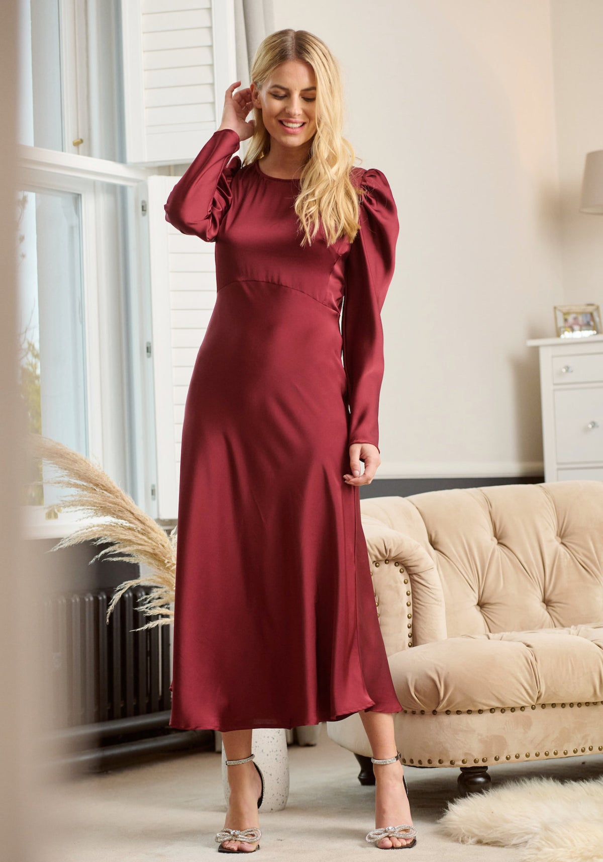 Long Sleeved Burgundy Satin Dress, Winter Wedding Guest Dresses, Winter Bridesmaid Dresses UK