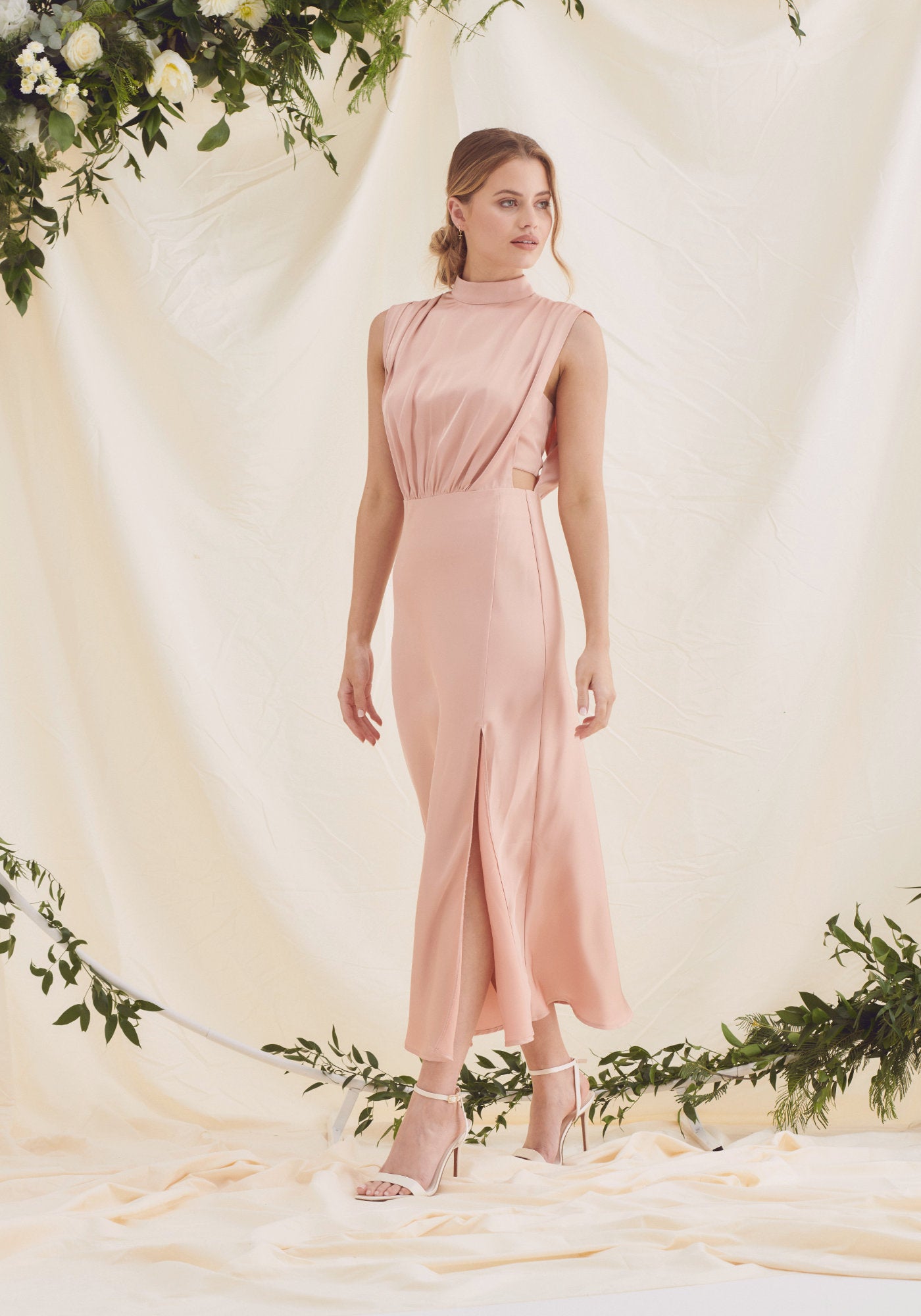 Elle Satin Midi Dress Rose Pink