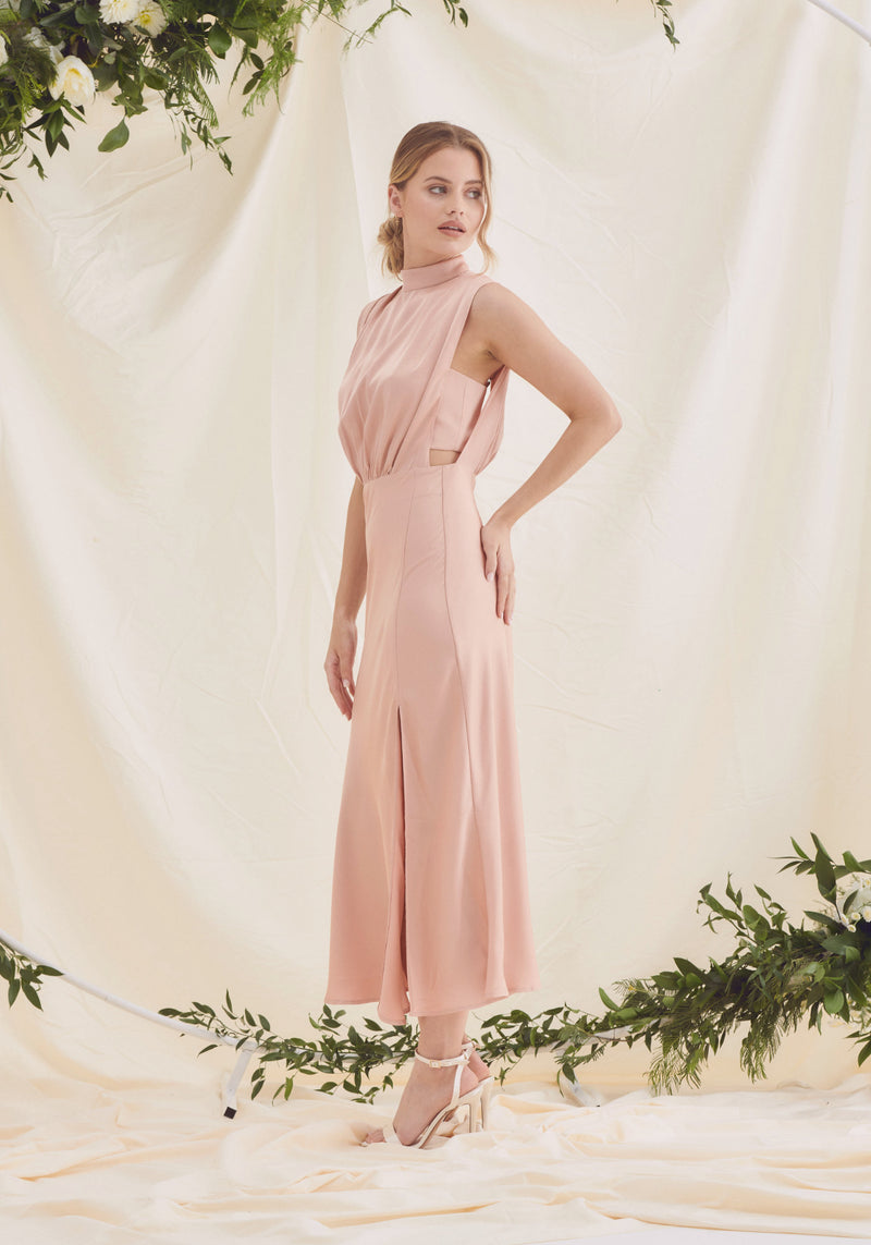 Elle Satin Midi Dress - Rose Pink