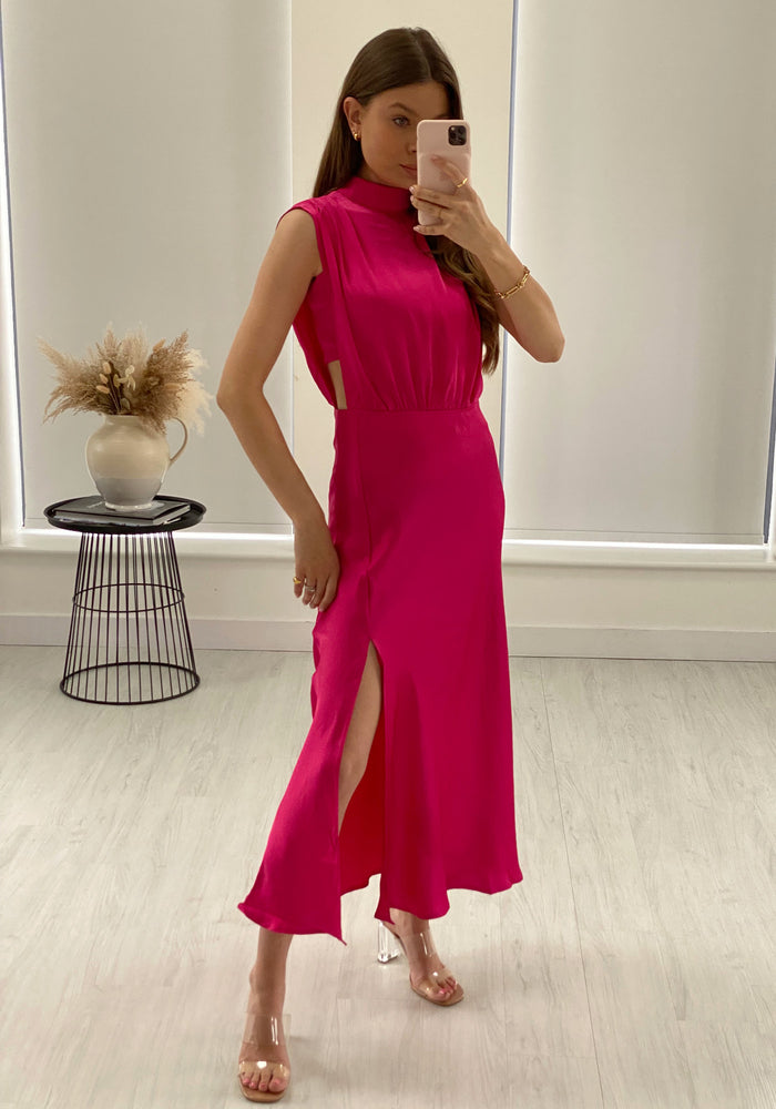 Elle Satin Midi Dress - Fuchsia Pink