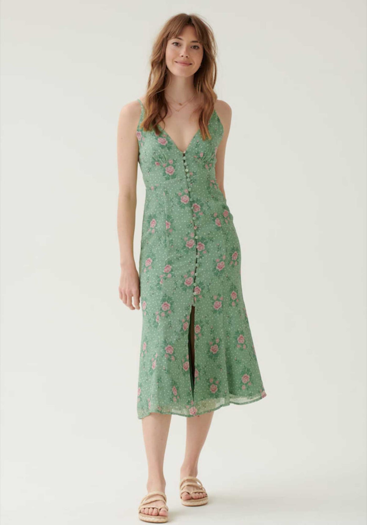 Button Down Detail Midi Dress in Green Pink Floral- Outlet