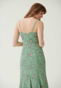 Button Down Detail Midi Dress in Green Pink Floral- Outlet