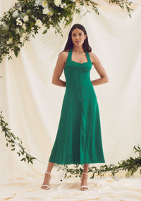 Leona Halter Tie Neck Satin Midi Dress - Emerald Green