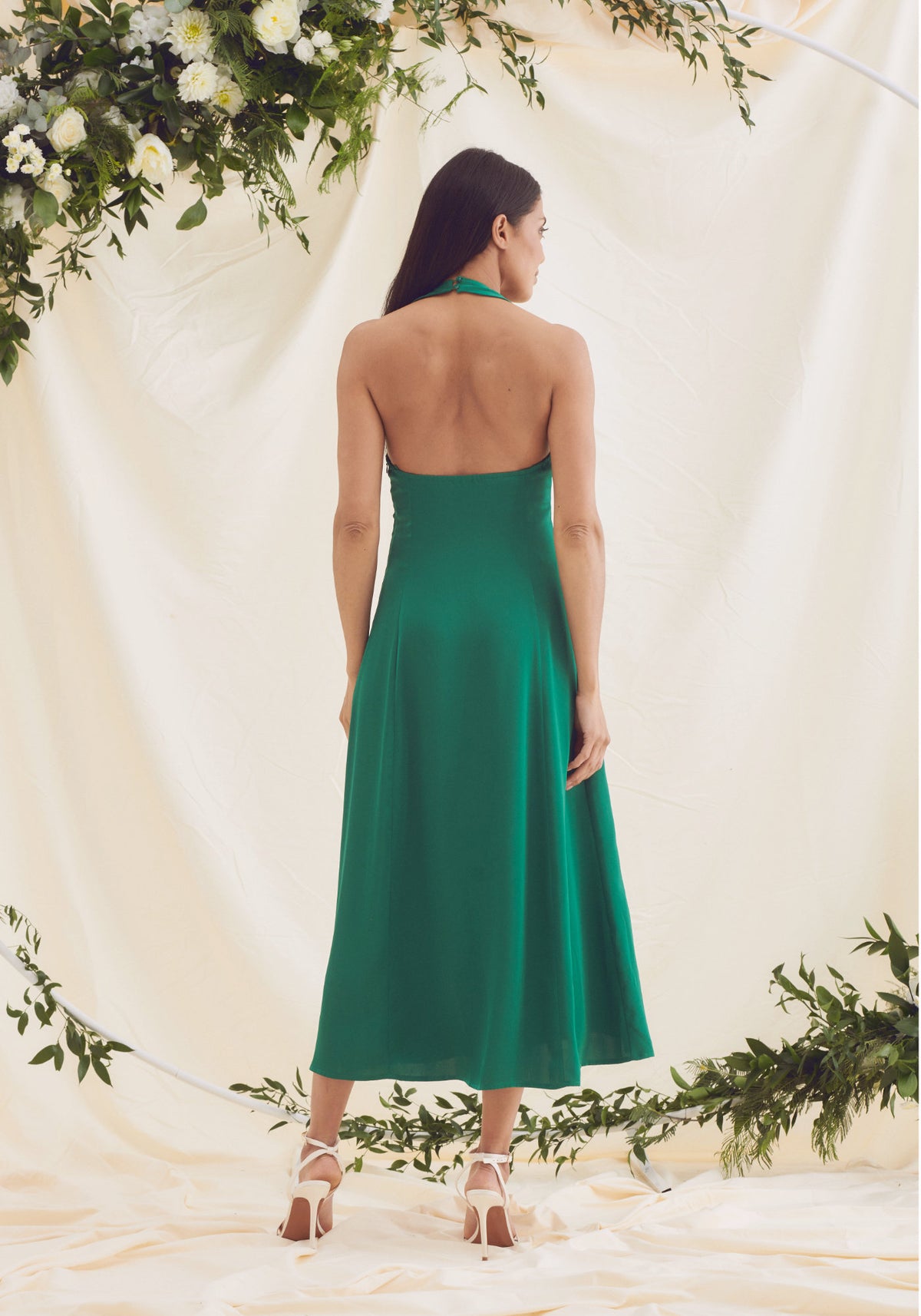 Leona Halter Tie Neck Satin Midi Dress - Emerald Green