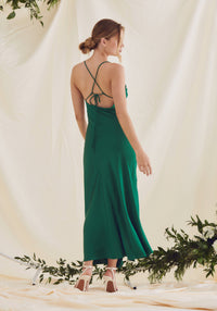 Mila Asymmetric Cowl Neck Satin Slip Dress - Emerald Green