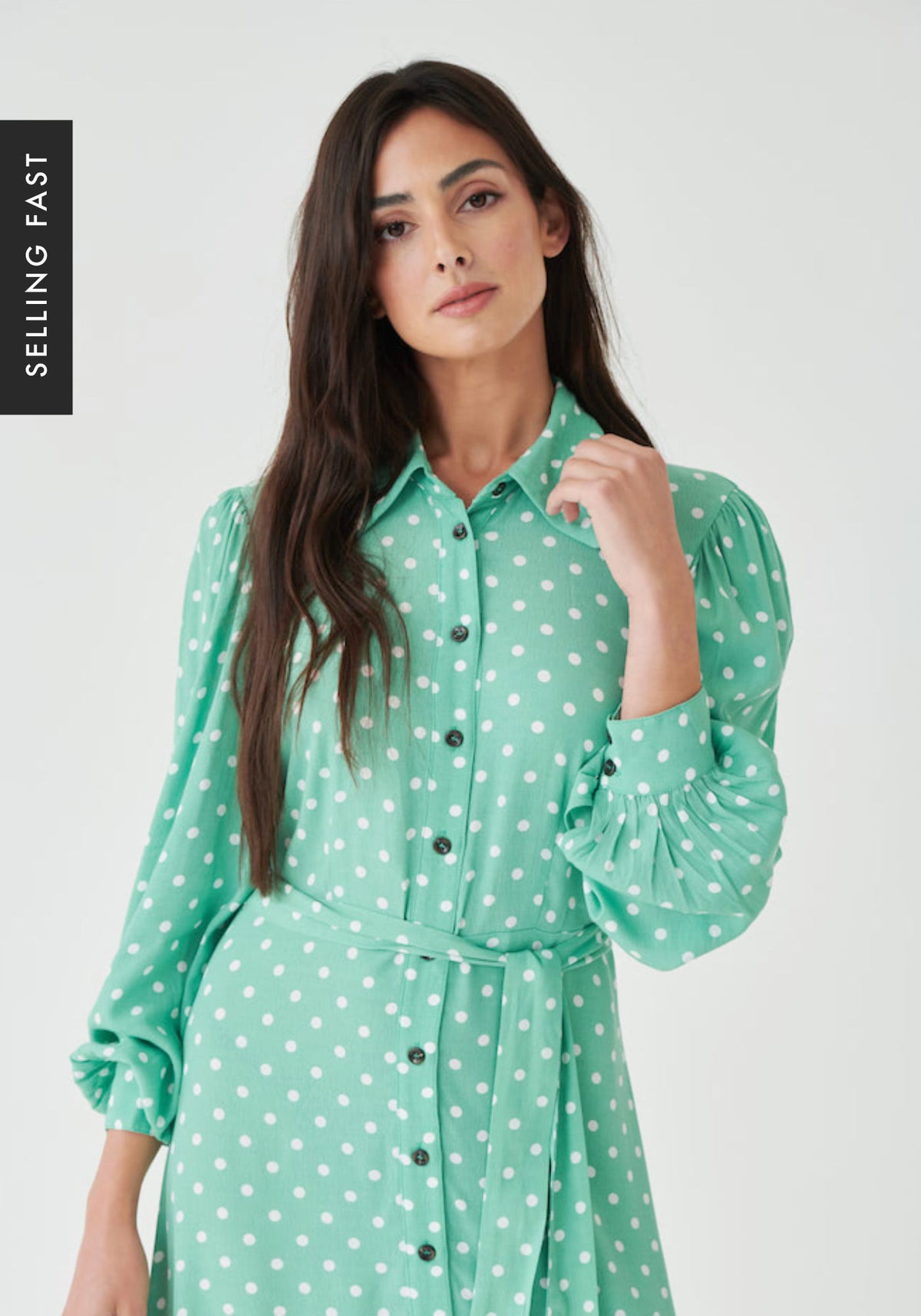 Button Down Midi Shirt Dress in Green Polka