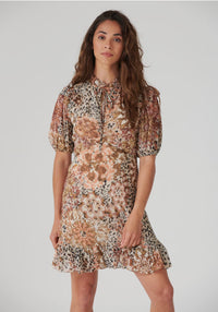 High-Neck Mini Tea Dress in Floral Animal Print - Outlet