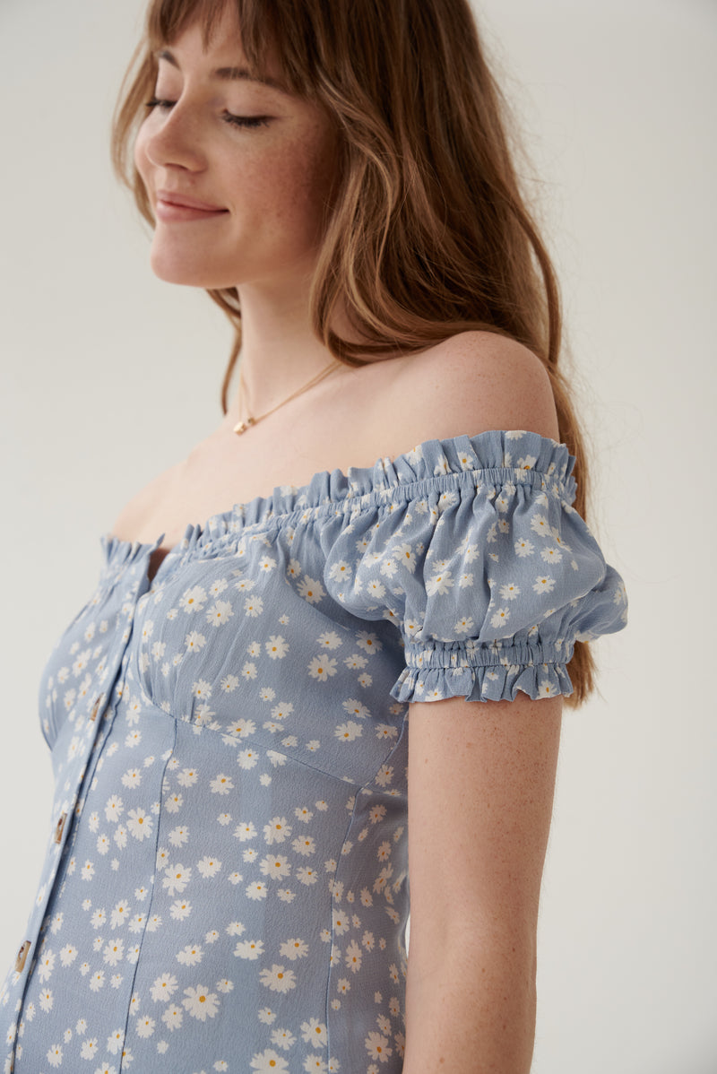 Blue Floral Button Down Bardot Midi Dress - Outlet