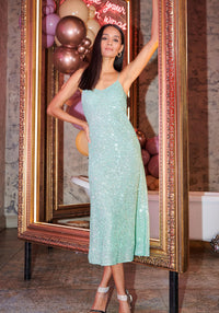 Jasmine Cami Slip Sequin Midi Dress in Sage Green - Outlet