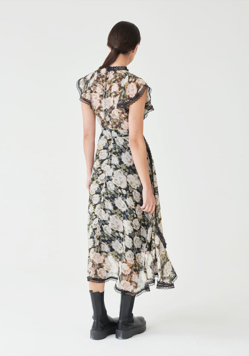 Lace Trim High Neck Midi Dress in Multi Floral