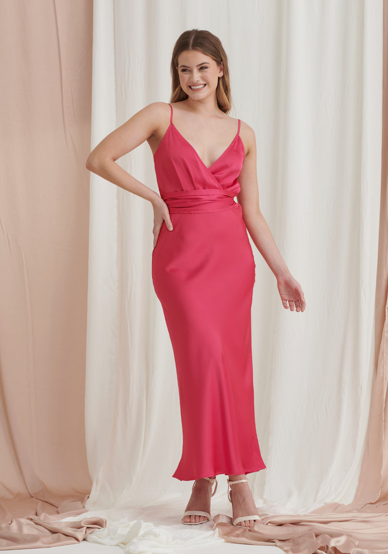 Louisa Tie Waist Cami Wrap Maxi Dress - Fuchsia Pink