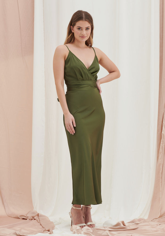 Louisa Tie Waist Cami Wrap Maxi Dress -Dark Olive