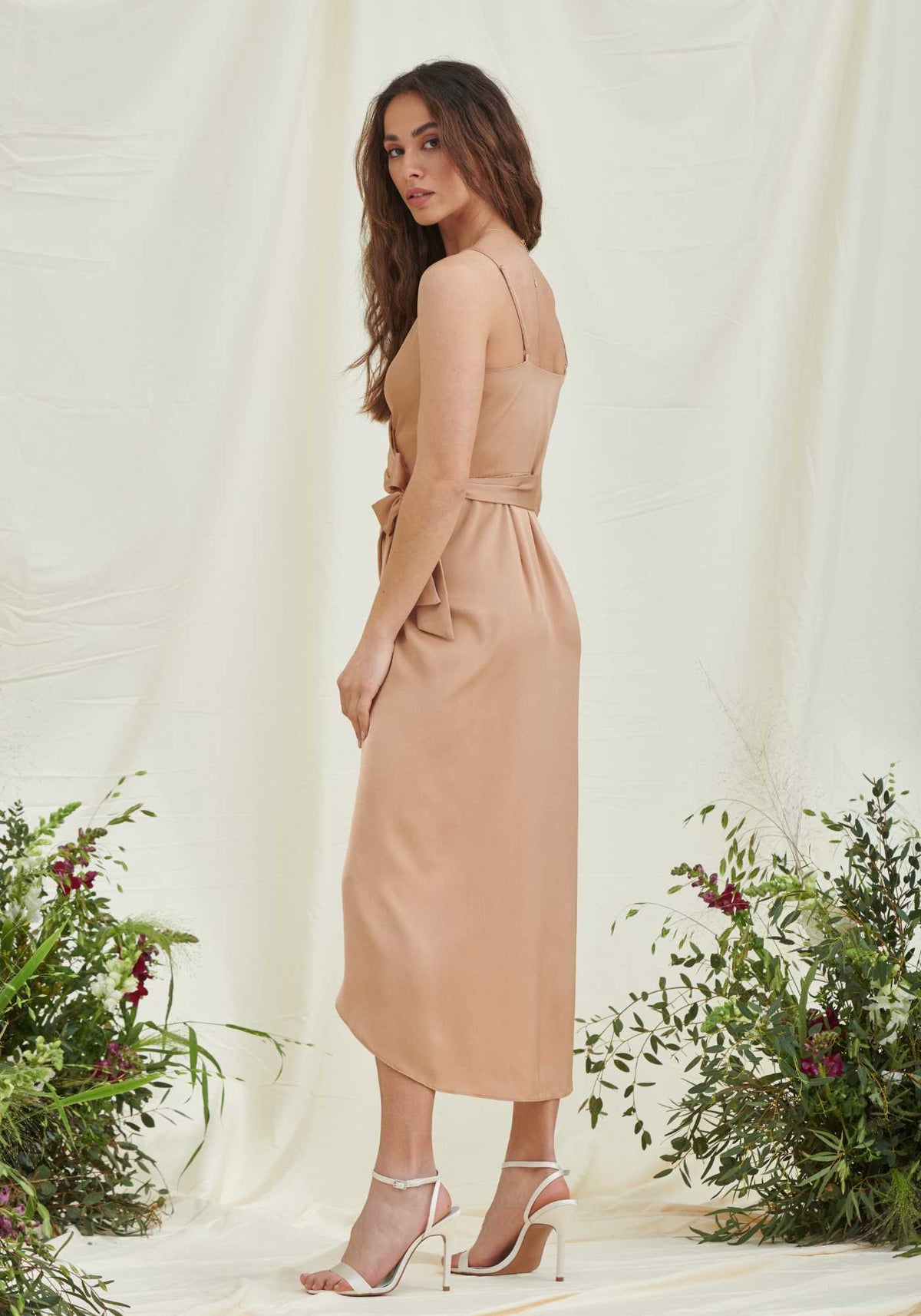 Rosa Tie Side Satin Cami Wrap Dress in Nude - Luxe Collection