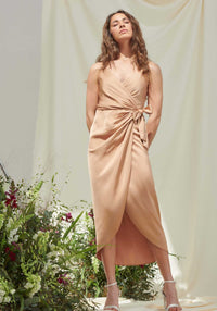 Rosa Tie Side Satin Cami Wrap Dress in Nude - Luxe Collection