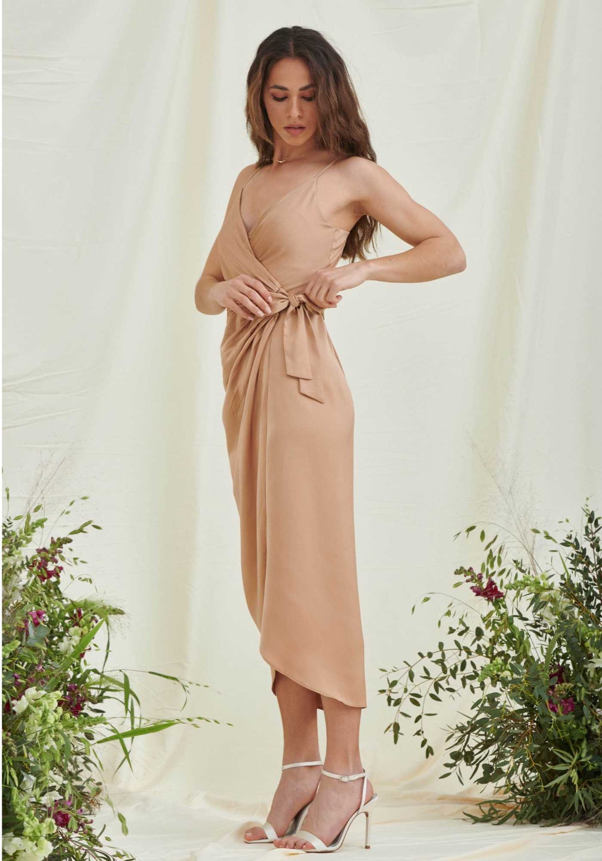 Rosa Tie Side Satin Cami Wrap Dress in Nude - Luxe Collection