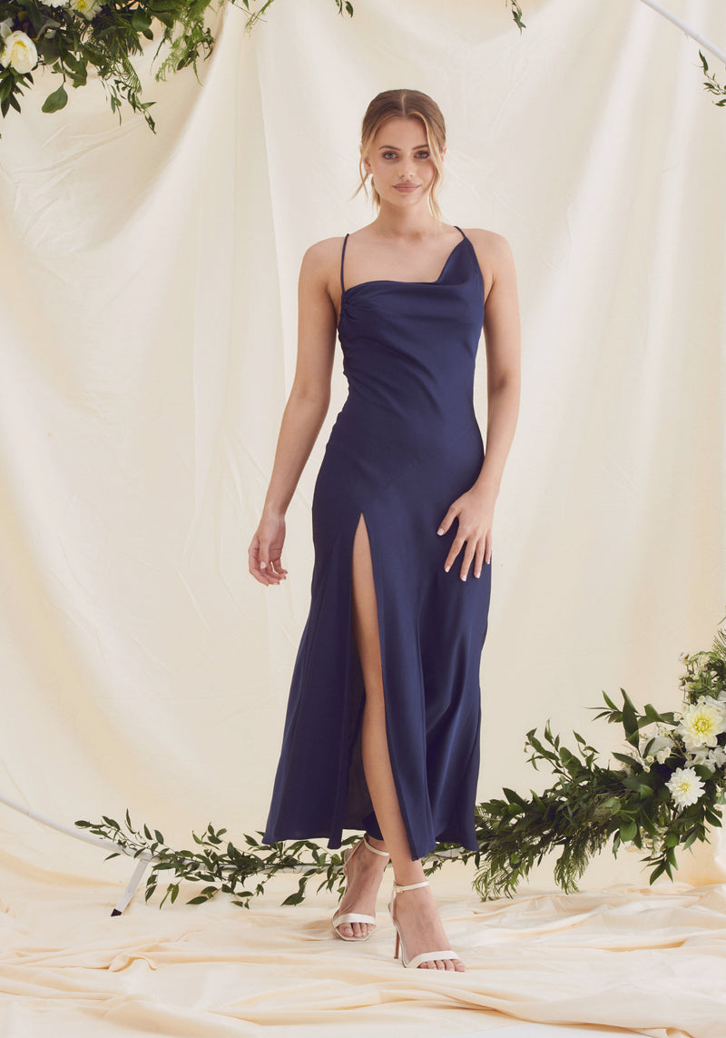 Mila Asymmetric Cowl Neck Satin Slip Dress - Navy Mila Asymmetric Cowl Neck Satin Slip Dress - Navy