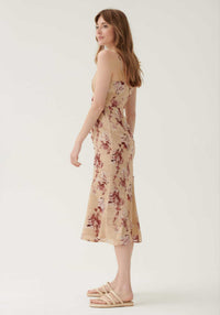 Button Down Detail Midi Dress in Nude Floral- Outlet