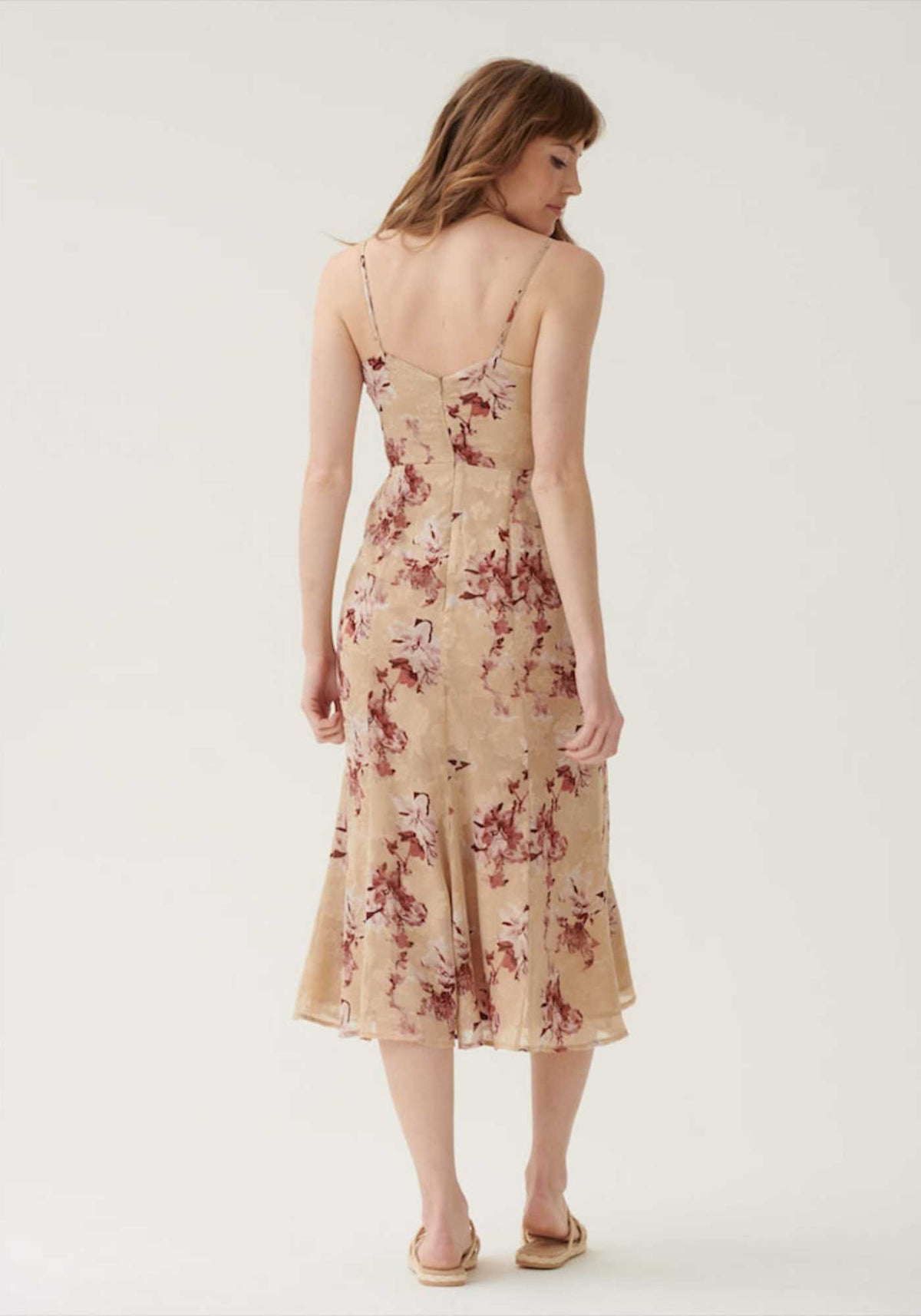 Button Down Detail Midi Dress in Nude Floral- Outlet