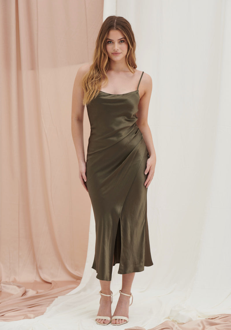 Olivia Satin Cami Slip Dress - Dark Olive
