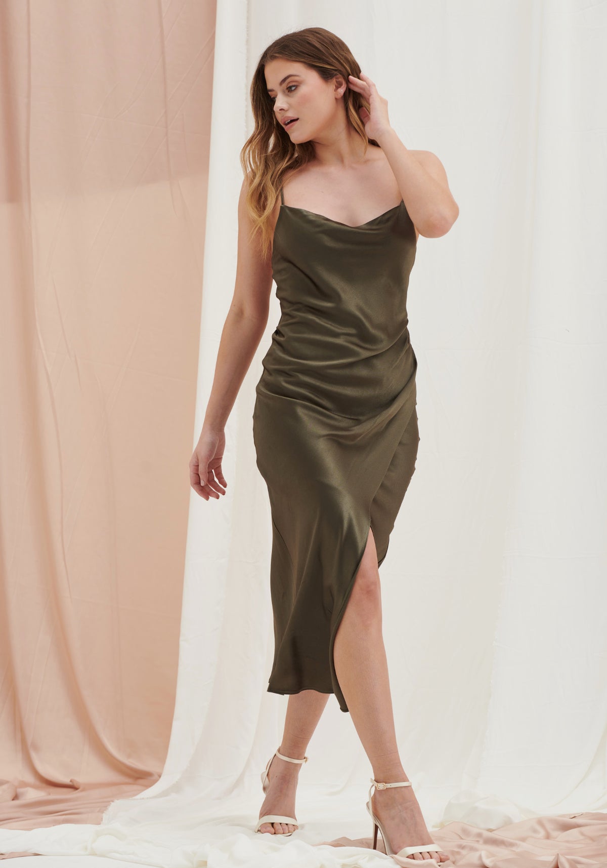 Olivia Satin Cami Slip Dress in Dark Olive