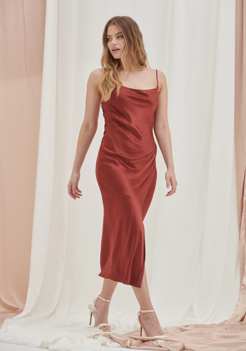 Olivia Satin Cami Slip Dress in Dark Rust
