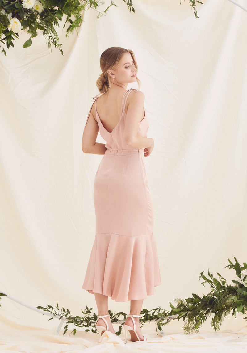 Light Pink Bridesmaid and Wedding Guest Dress - With Cowl Neck and Cami Straps in Satin Material