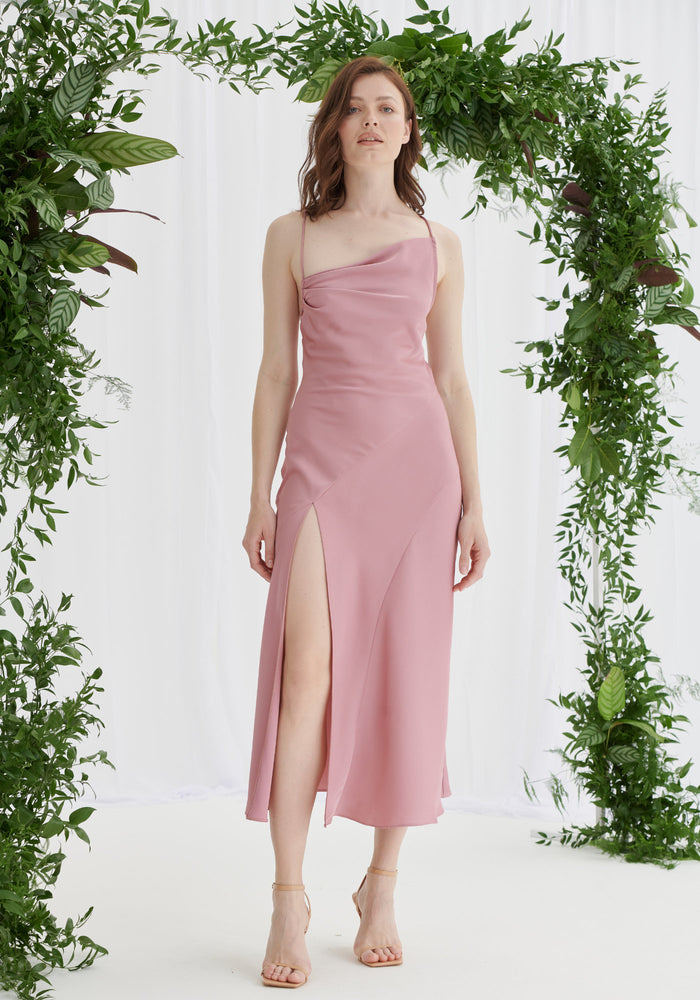 Mila Asymmetric Cowl Neck Satin Slip Dress - Dusky Pink