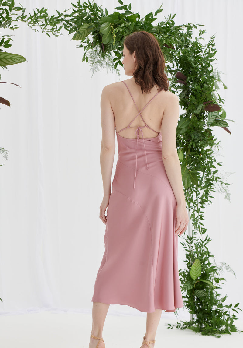Mila Asymmetric Cowl Neck Satin Slip Dress - Dusky Pink