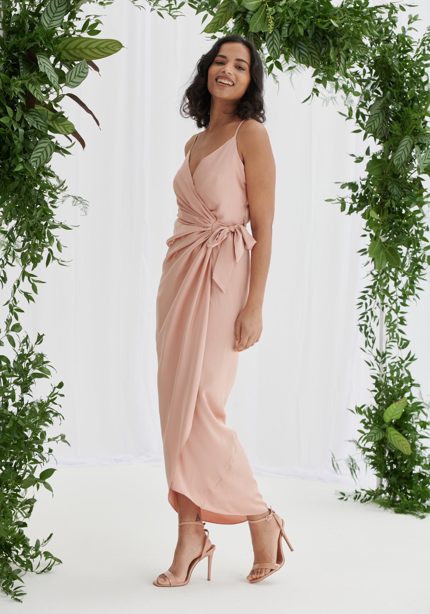 Pink Satin Tie Waist Cami Wrap Dress Luxe Collection Liena UK