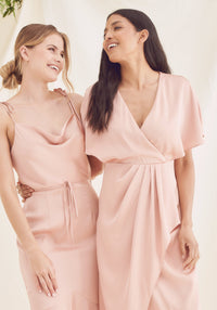 Clara Angel Sleeve Wrap Satin Midi Dress - Rose Pink