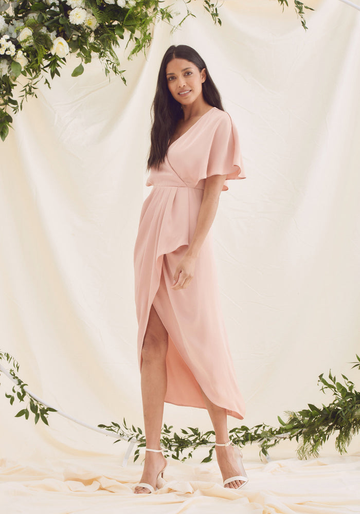 Clara Angel Sleeve Wrap Satin Midi Dress - Rose Pink