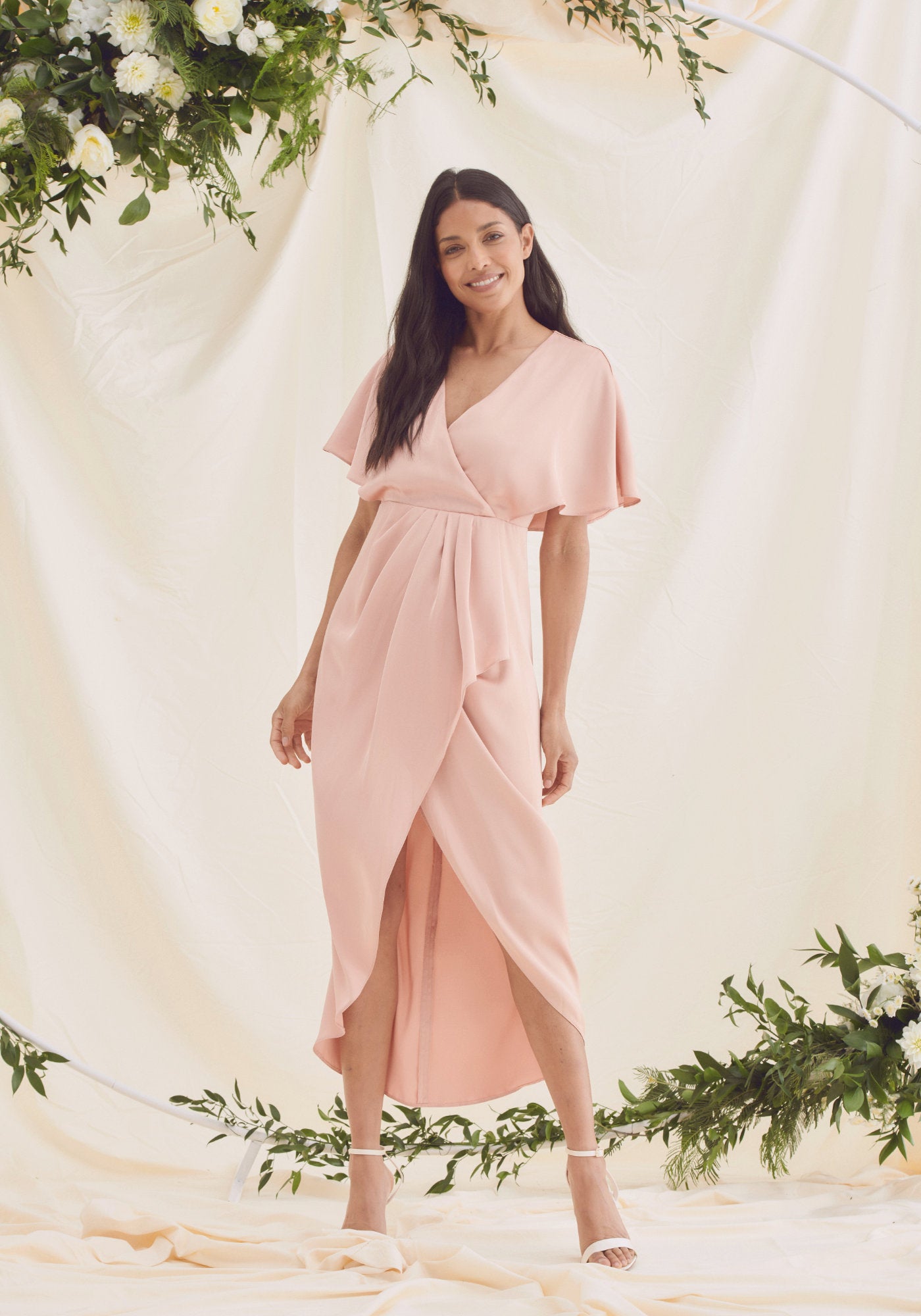 Pink wrap shop bridesmaid dress