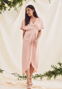 Clara Angel Sleeve Wrap Satin Midi Dress - Rose Pink